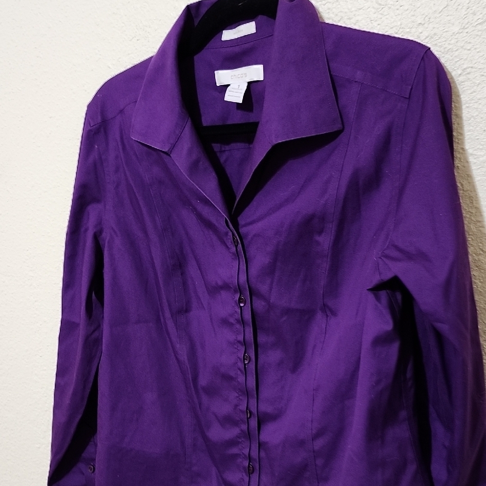 Chico's Purple Fitted Long Sleeve Button Down Shirt - Picture 6 of 9